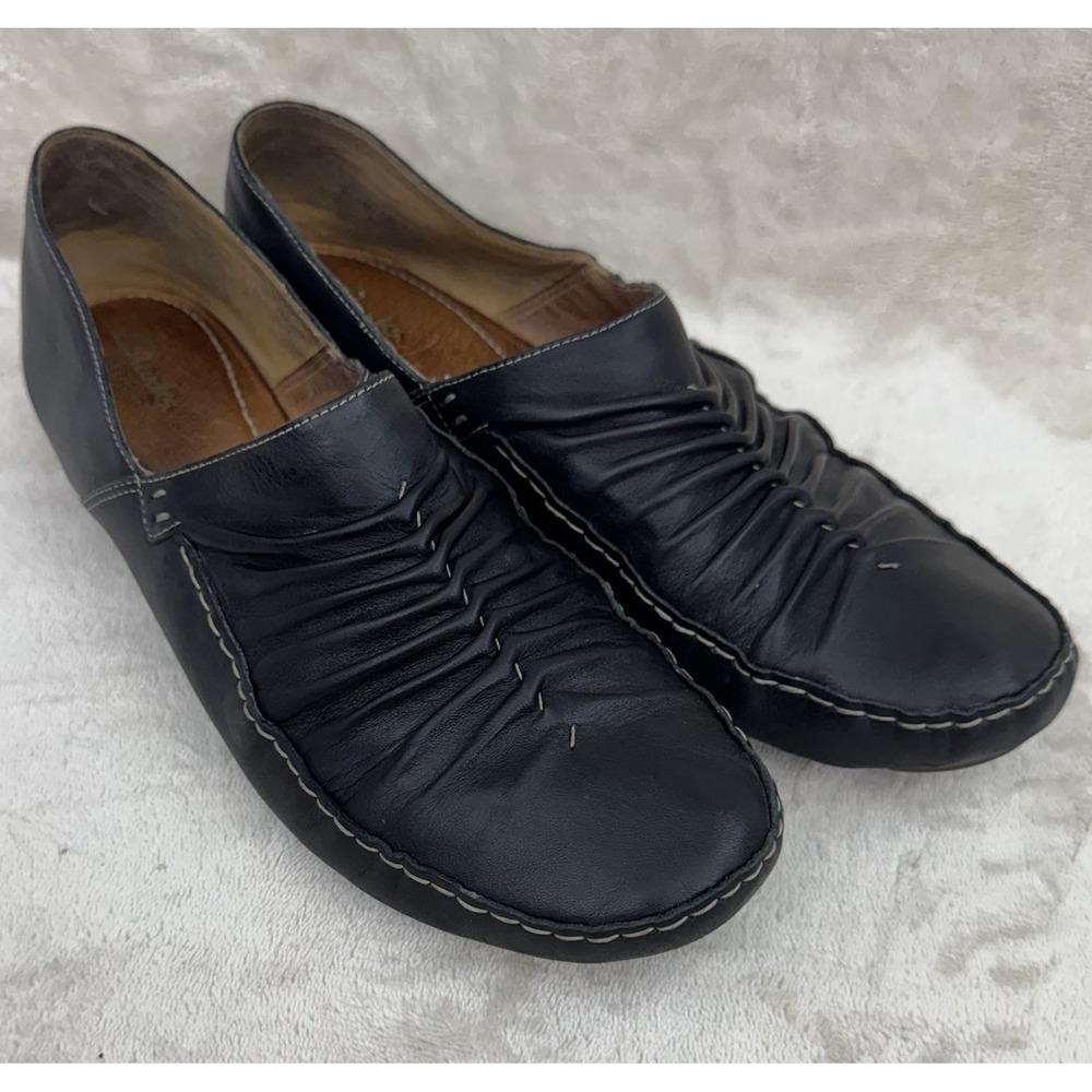 Clarks Artisan Leather Slip On Loafers Black Ruched Comfort Shoes Women 10M